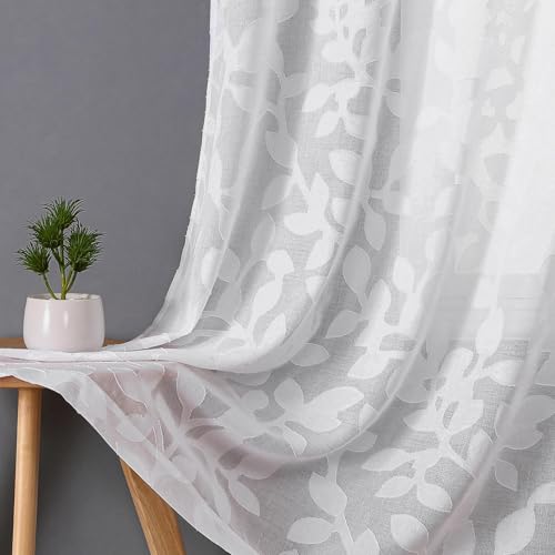 Sheer Jacquard Leaf Curtains, 54 Inch Length, 2 Panels