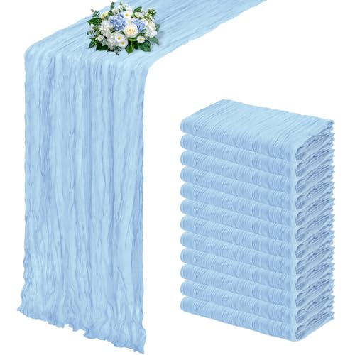 12 Pack Baby Blue Cheesecloth Table Runners, 17x108 Inch Boho Gauze Fabric