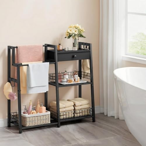 3-Tier Bathroom Ladder Shelf with Towel Rack and Storage Drawer