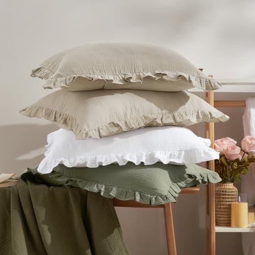 King Size Cotton Muslin Ruffle Pillow Shams, 2-Pack Breathable Gauze Covers