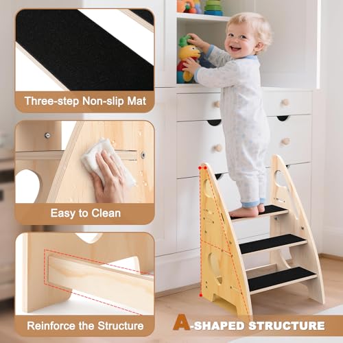 Adjustable Wooden Toddler Step Stool with Handles and Non-Slip Pads