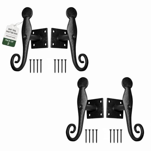 5.5-Inch Wrought Iron Shutter Dogs - Black Rat Tail Design (Pack of 2)