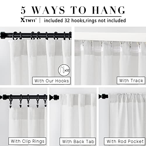 92-Inch White Linen Sheer Curtains - 2 Panels Set for Living Room & Bedroom
