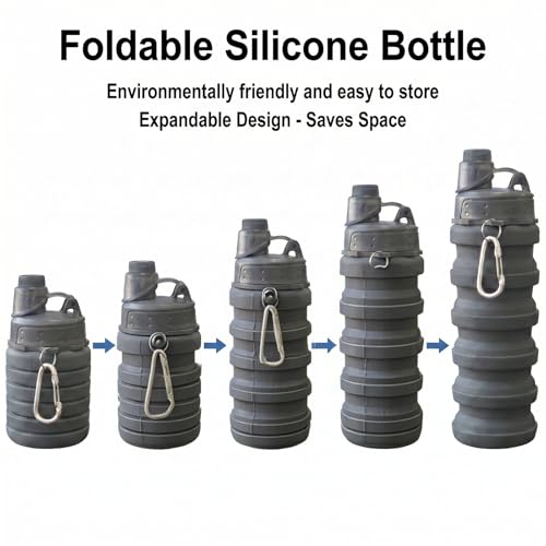 Collapsible Silicone Water Bottle 500ml Foldable Travel Sports Flask with Buckle