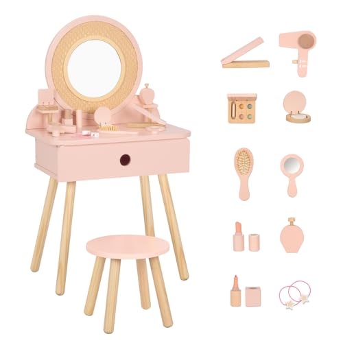 Toddler Vanity Set with Chair and 11-Piece Pretend Makeup Accessories