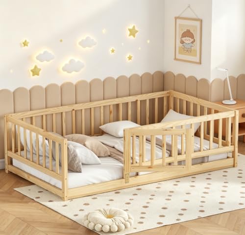 Twin Size Montessori Floor Bed with Safety Rails and Door, Pine Wood