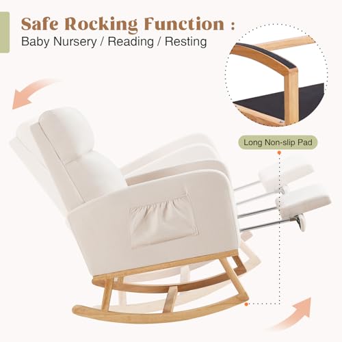 Nursery Rocking Chair with Retractable Footrest and High Backrest, Beige