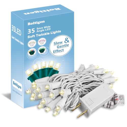 Boltigen 35 Soft Twinkle Christmas String Lights - Clear Warm White with White Wire, UL Certified, 27ft Indoor & Outdoor Decor