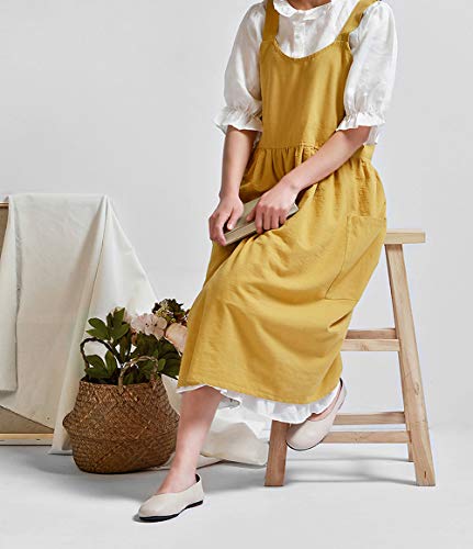 Cotton Linen Cross Back Pinafore Apron with Pockets - Yellow Smock