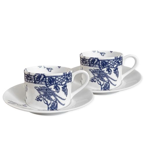 Caskata Chinoiserie Toile Bone China Tea Cups & Saucers Set of 2 - Blue Decorative Drinkware