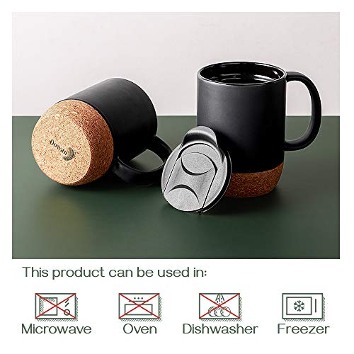 DOWAN Matte Grey 15 oz Coffee Mug Set of 2 with Cork Bottom & Spill-Proof Lid