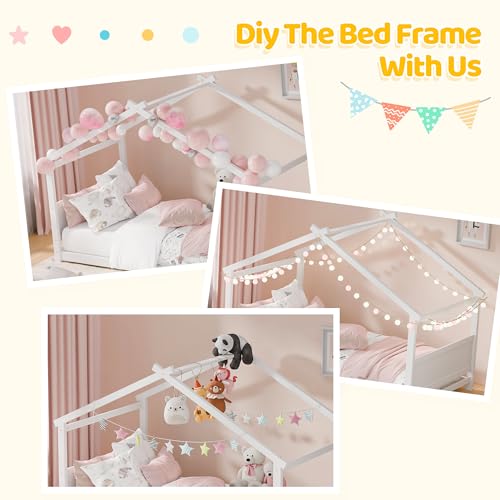 Twin Montessori Floor House Bed, Solid Wood Toddler Bed Frame, White