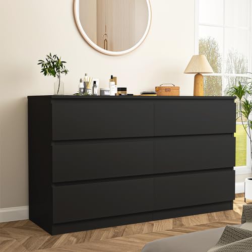 6-Drawer Double Dresser, Modern Black Storage Chest for Bedroom