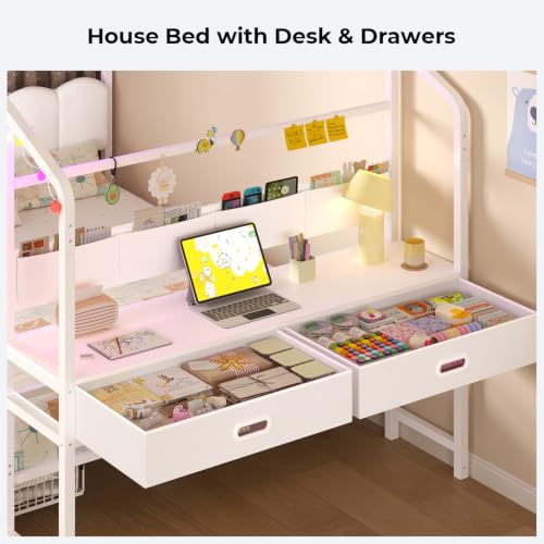 Full Size Kids House Bed with Desk and 4 Storage Drawers, White Metal Frame