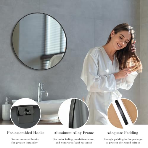 24-Inch Round Wall Mirror, Brushed Black Aluminum Frame Bathroom Vanity Mirror