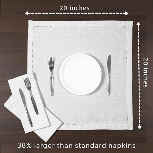 Set of 12 Linen Blend Cloth Napkins - 20x20 Inch White Hemstitched Dinner Napkins