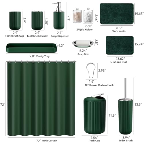 24-Piece Dark Green Bathroom Accessory Set with Shower Curtain and Bath Rugs
