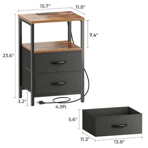 Nightstand with Charging Station, 2 Fabric Drawers & Storage Shelf