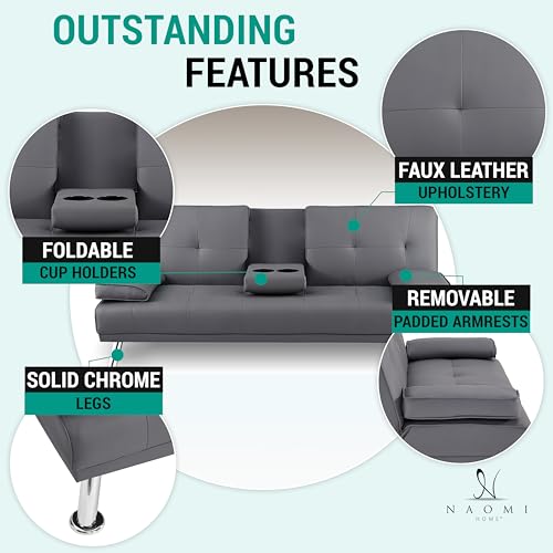 Convertible Faux Leather Futon Sofa Bed with Cupholders and Armrests