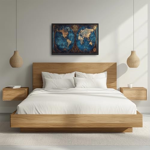 Large World Map Wall Art, Framed 24x36 Canvas Print for Living Room