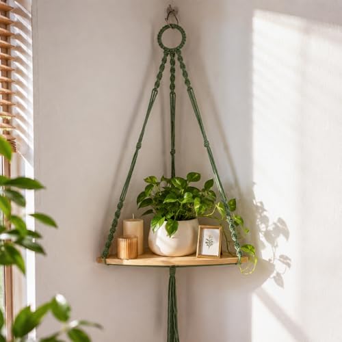 Macrame Corner Wall Shelf, Adjustable Boho Wood Floating Shelf for Plants