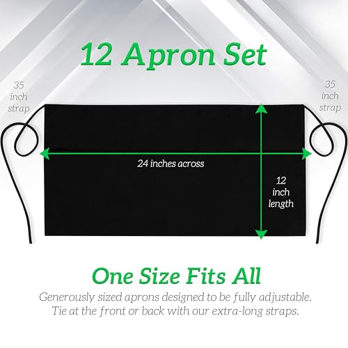 12-Pack Black Waist Aprons with 3 Pockets - Durable Server Half Apron