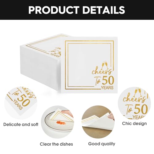 50Pcs Cheers to 50 Years Gold Foil Cocktail Napkins - Birthday Party Decorations