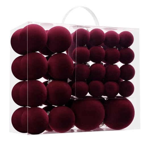 Velvet Christmas Ball Ornaments Set - 46pcs Flocked Holiday Decorations, Burgundy