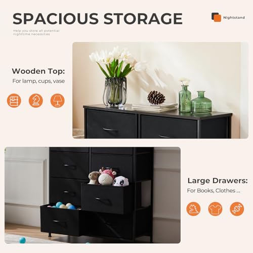 Sweetcrispy 8 Drawer Tall Dresser, Black Fabric Storage Tower with Wood Top