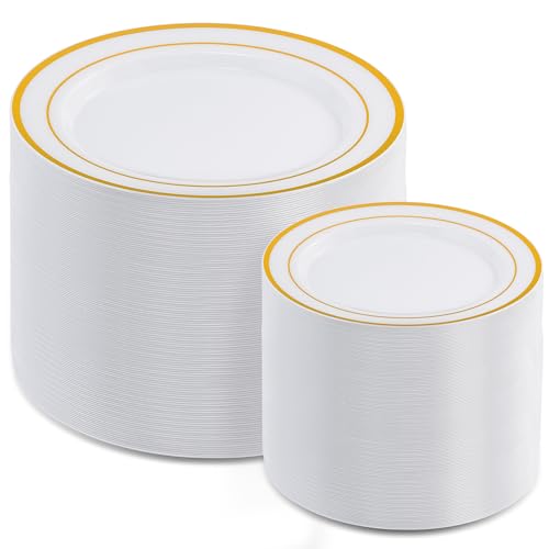 AOZITA Gold Rim 200pcs Heavy Duty Disposable Plates Set - 100 Dinner + 100 Salad Plates