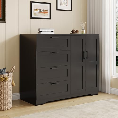 43-Inch Wardrobe Closet with 4 Drawers and Hanging Rod, Black