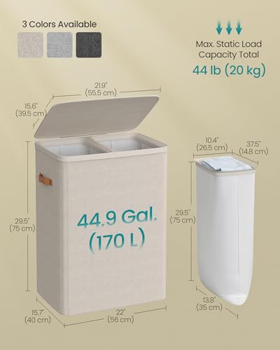 SONGMICS 44.9 Gal. 2-Compartment Laundry Hamper with Lid and Removable Liners, Cappuccino Beige