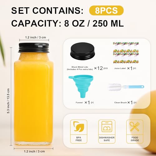 8 oz Glass Juice Bottles with Leakproof Lids and Labels - 8 Pack
