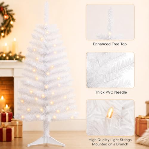 PineSpark 4ft White Christmas Tree with 50 LED Lights - Winter Wonderland Slim Pencil