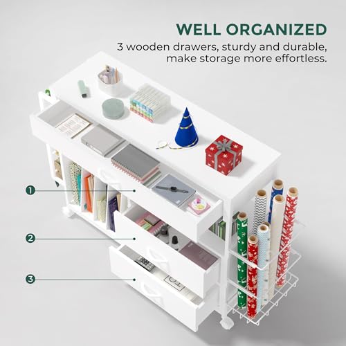 Wrapping Paper Storage Cart with Wooden Drawers and Ribbon Holder White