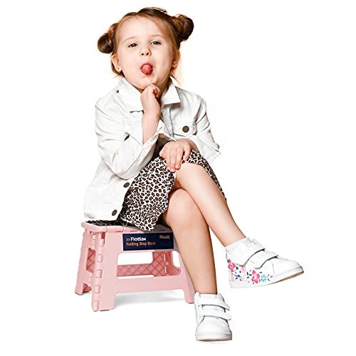 9 Inch Folding Step Stool with Handle - Non-Slip Plastic Stool (Pink)