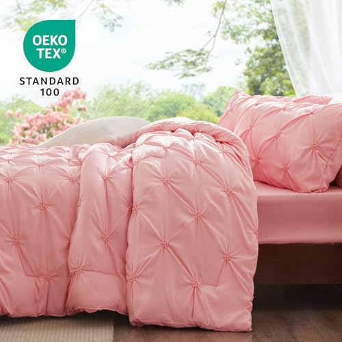 Pink Queen Comforter Set - Soft Pintuck Bedding with 2 Pillowcases
