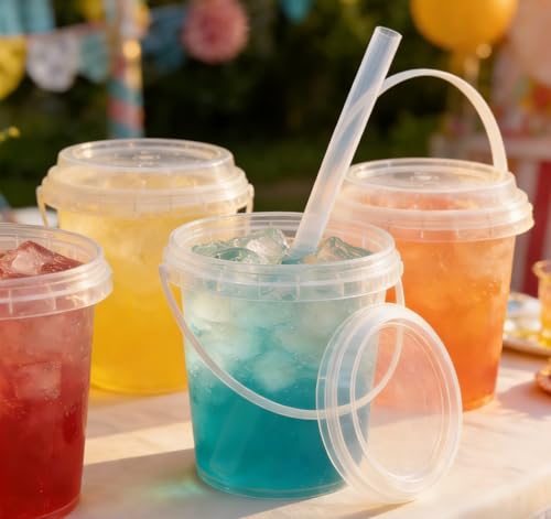 75 Pack Reusable Plastic Drink Buckets with Lids & Straws, 24 oz Party Beverage Pails
