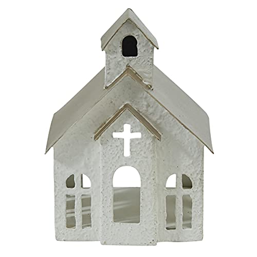 Rustic White Metal Church Tea Light Candle Holder with Cross Cutout