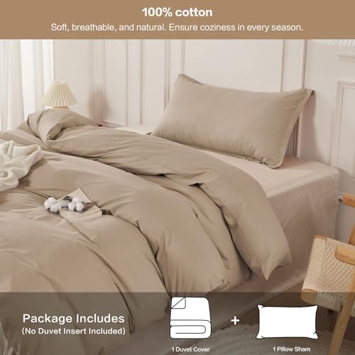 SAPHREAS Twin Size Cotton Duvet Cover Set Khaki 68x90 Linen-Like Comforter Cover with Zipper & Corner Ties