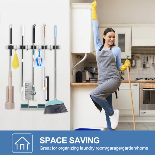 IMILLET 2 Pack Stainless Steel Wall Mount Broom & Mop Organizer with 4 Hooks, Heavy Duty Garage Storage