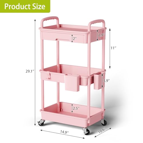 3-Tier Rolling Utility Cart with Drawer & Hooks, Pink Mobile Storage Shelf