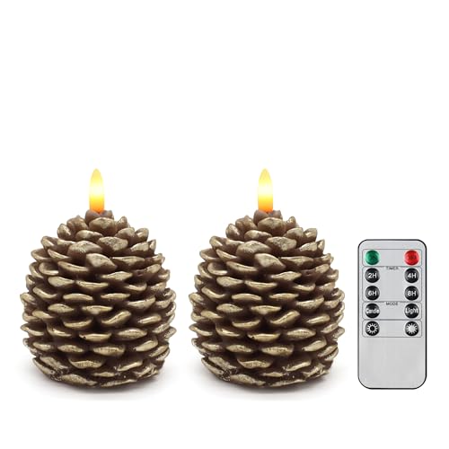 Pine Cone Candles (Golden-Brown) 4.8 in Battery-Operated 2-Pack w/ Remote & Timer - Flameless Pinecone Decor