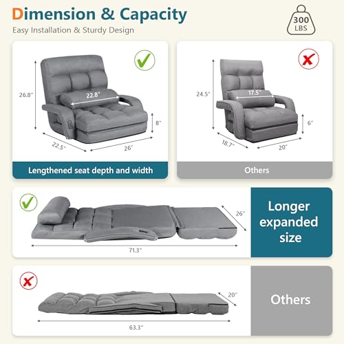 Adjustable Floor Gaming Chair with 2 USB Ports, Linen Foldable Sofa