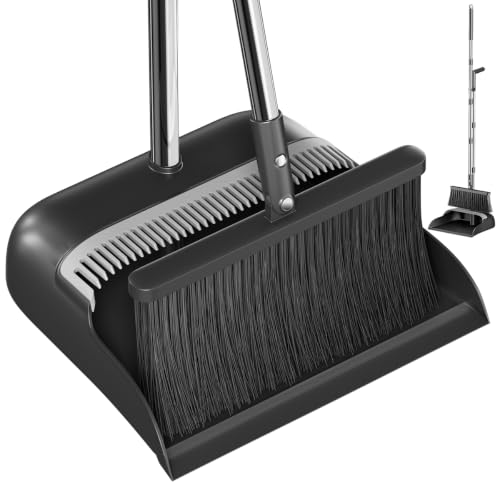 Standing Broom and Dustpan Set with 52-Inch Long Handle & Built-in Comb Teeth