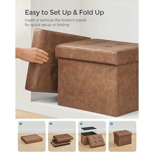 SONGMICS Small Folding Storage Ottoman, Foot Rest Stool, Cube Footrest, Synthetic Leather, 12.2 x 16.1 x 12.2 Inches, 286 lb Capacity, for Living Room, Bedroom, Dorm, Coffee Brown ULSF100K01