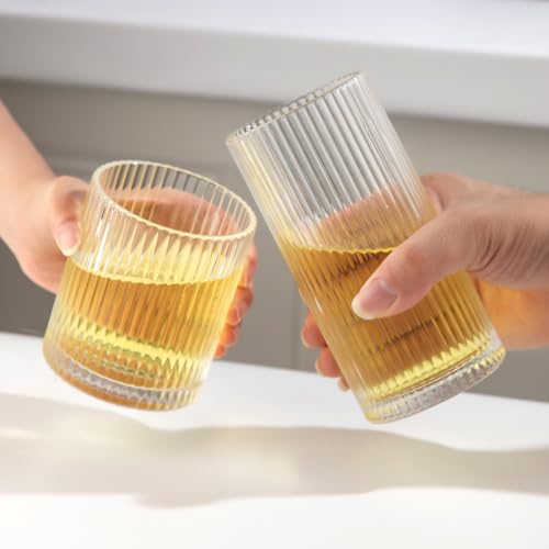 Lumkit 8PCS Clear Ribbed Drinking Glasses Set – 10oz & 12oz Tumblers for Wedding & Party