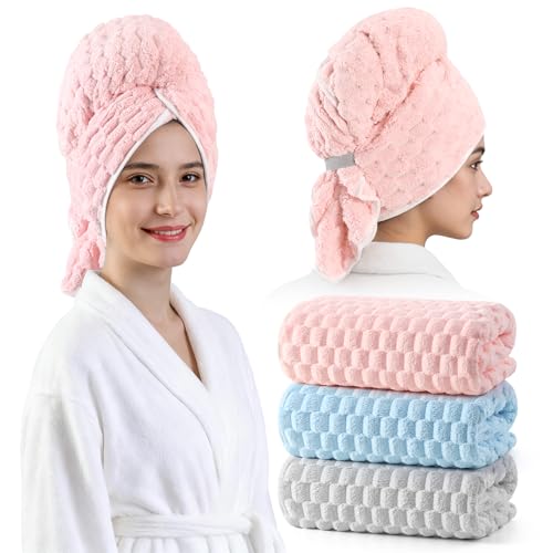 REDKISS 3-Pack Microfiber Hair Towels for Women - Extra Large 24x42 Inch Pink, Grey & Blue, Soft Fast-Dry Wraps with Elastic Band
