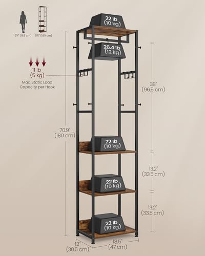 Industrial Freestanding Hall Tree with Storage Shelves and Hanging Rail