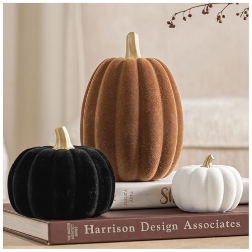 3-Piece Flocked Resin Pumpkin Set for Fall Thanksgiving Home Decor
